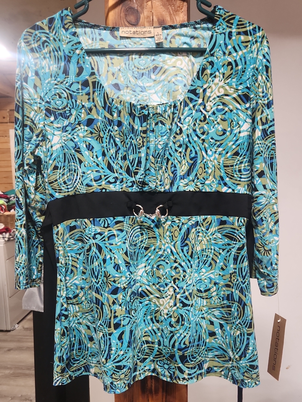 Notations Turquoise and Black Patterned Long-Sleeve Scoop-Neck Dress